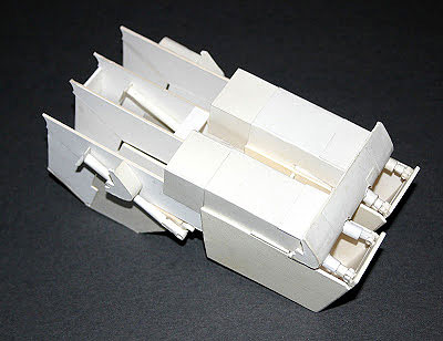 Top view of the midsection, which is largely complete, but lacks detail. The clamshell-shaped loading module at the rear has not yet been built.