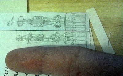 Scale sketch of the ship next to my finger for scale.