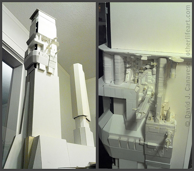 Two views. At left: the overall structure, showing two towers. The midsection of the left tower is detailed, and the rest is undetailed. At right: a close-up of the detailed area, showing protruding docking ports, mechanical parts, and a small landing pad.