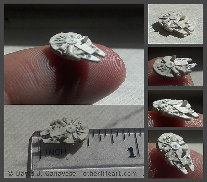 The tiny half-inch model sitting atop my finger and a ruler for scale. At right: the model from four angles.