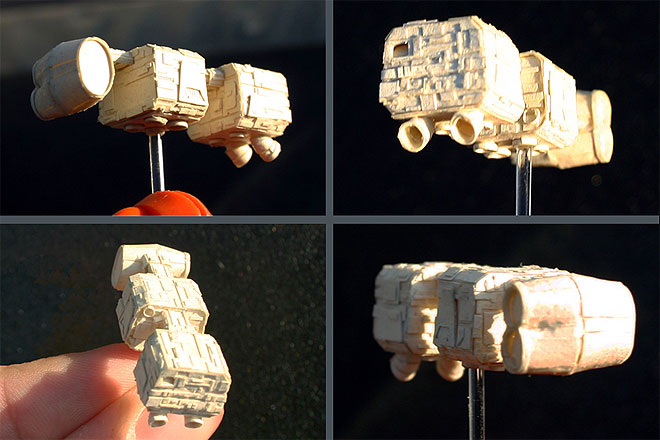 Four views. Clockwise from upper left: Portside view of the mobquet. Starboard aft three-quarters view. Top view. Front three-quarters view.