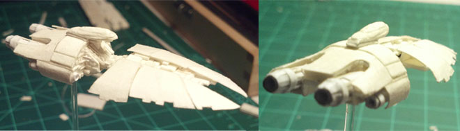Two views. Left: showing the ship completely unarmored, revealing the layers that are stacked and shaved to make the bridge pod. Right: aft view showing the inner construction of the forward section.