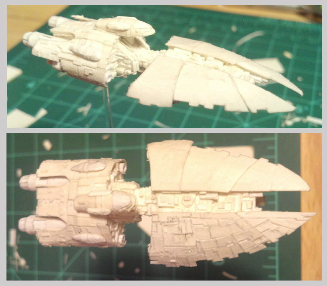 Two views. Top: Three-quarters view showing front section without armor plating. Bottom: Showing armor plating added on starboard side of the ship.