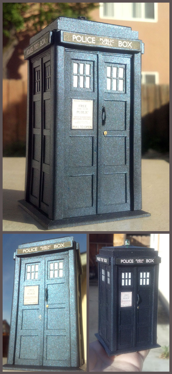 Three views of a paper TARDIS from Doctor Who. It's a blue British police box with small frosted windows and a light on top.