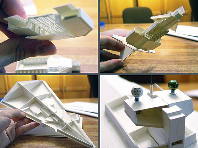 Four views. Upper left: Primary landing bay. Upper right: The full docking bay assembly and framework from below. Lower left: The assembly slotted into the main hull. Lower right: The bridge tower and sensor globes (one complete).